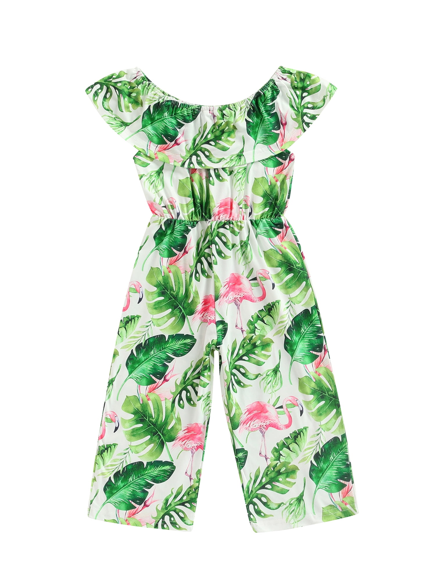 Canrulo Summer Kids Girls Jumpsuits Pants 3 Colors Leaves/ Flamingo