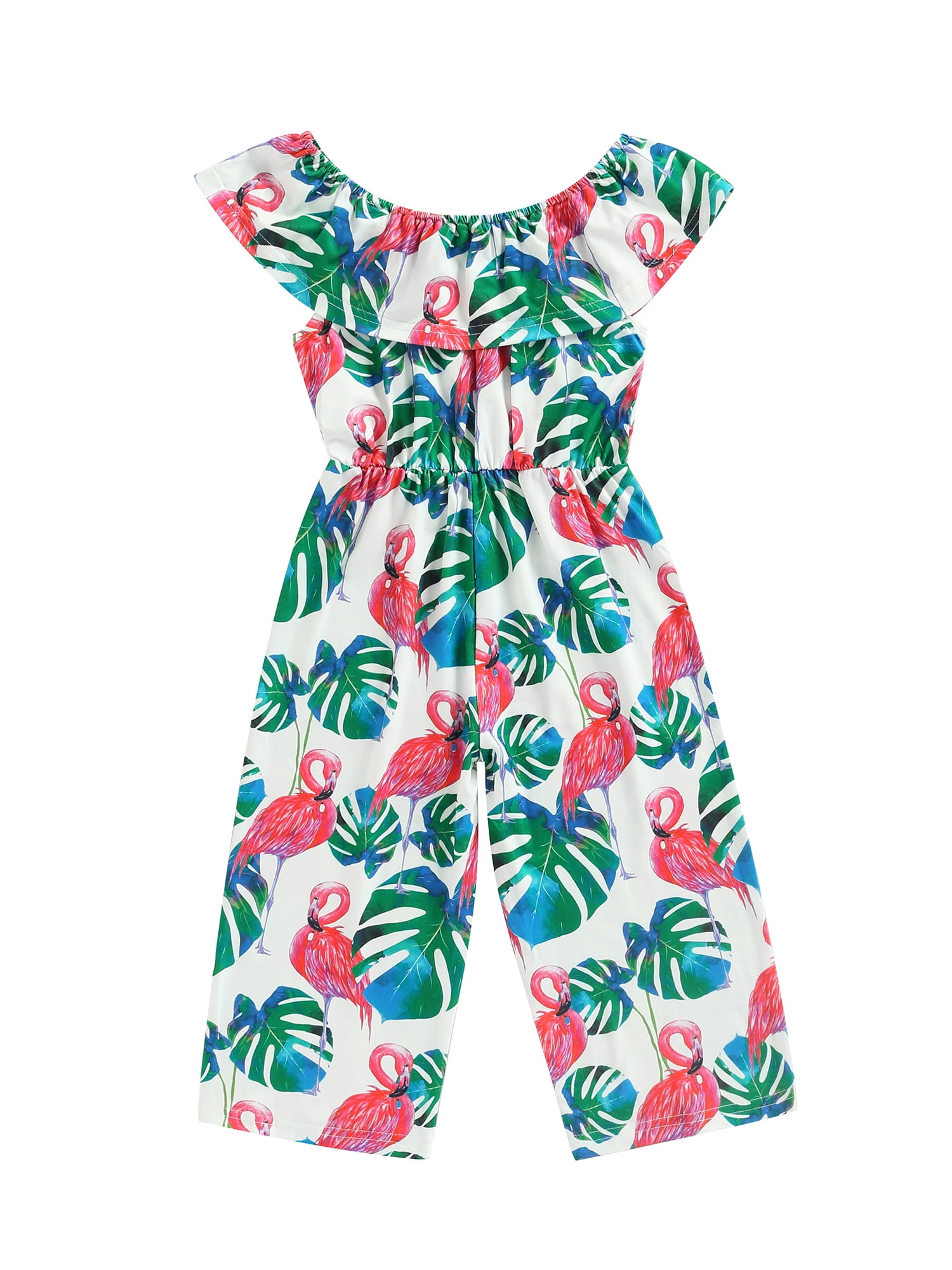 Canrulo Summer Kids Girls Jumpsuits Pants 3 Colors Leaves/ Flamingo
