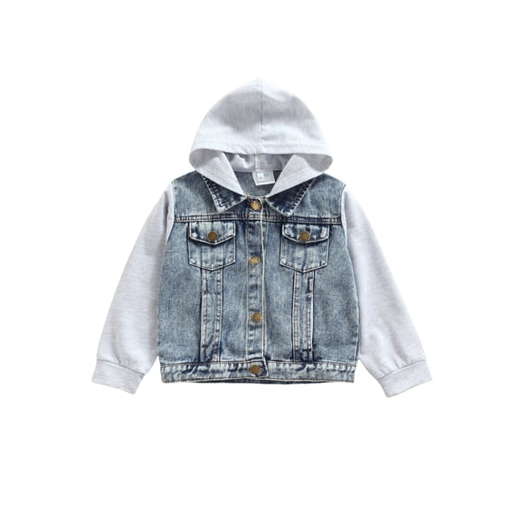 Canrulo Toddler Baby Boys Causal Jacket Outwear Long Sleeve Denim Patchwork Single Breasted Hooded Coat Gray 2-3 Years