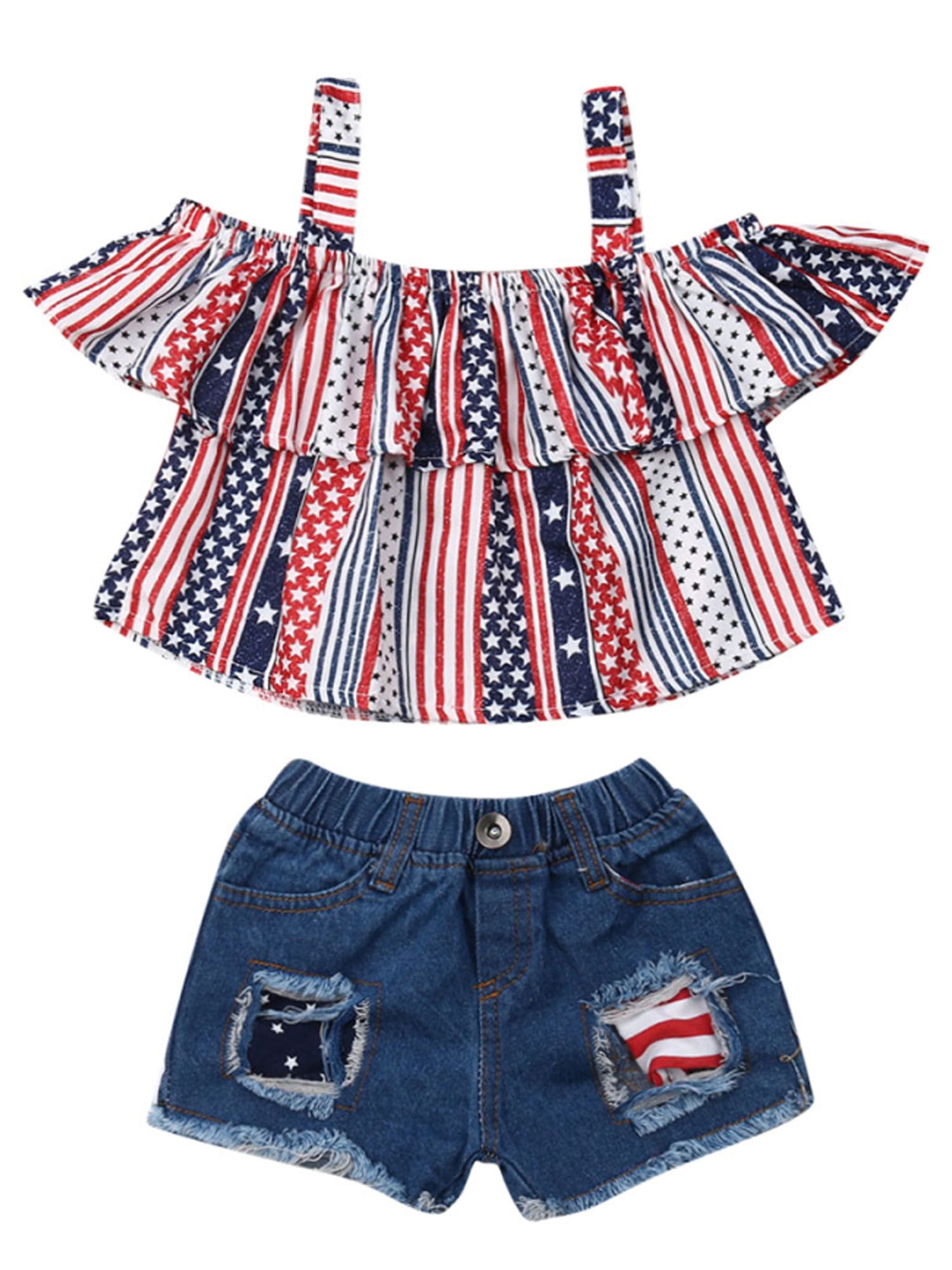 Canrulo Toddler Baby Girl 4th of July Outfits Halter Shirts Crop Top Denim Shorts Sets Multicolor 2 3 Years Walmart