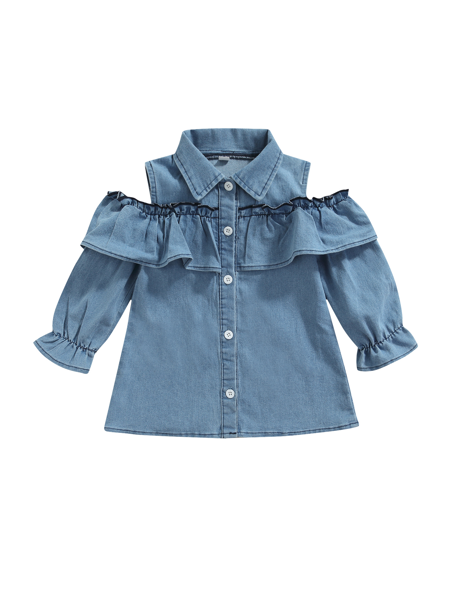 Canrulo Toddler Baby Girl Denim Shirt Ruffle Long Sleeve Jeans Dress Button Down Casual Tunic