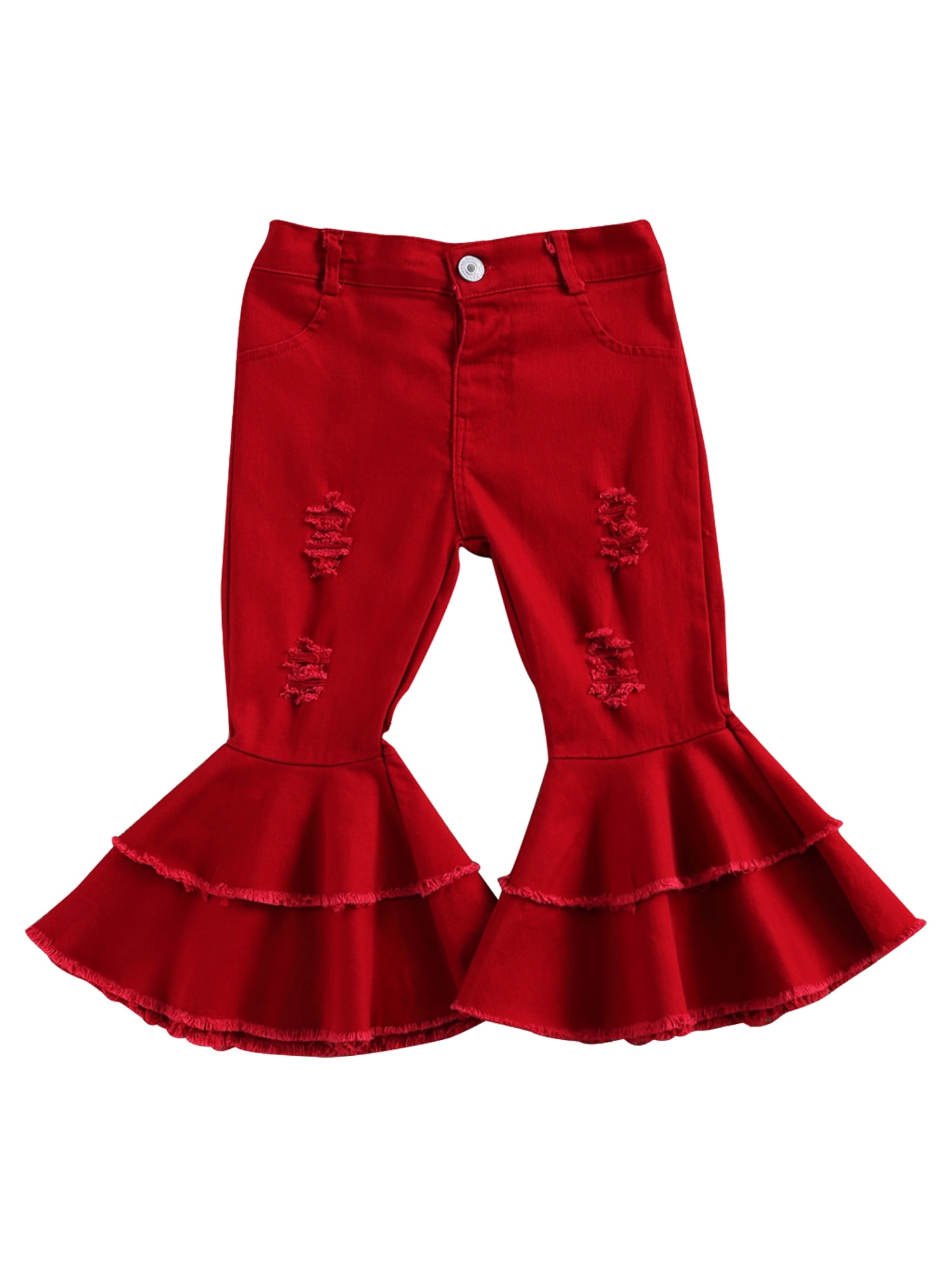 Canrulo Toddler Baby Girl High Waist Denim Ripped Jeans Bell Bottoms Long  Flare Leggings Trousers Pants Red 5-6 Years