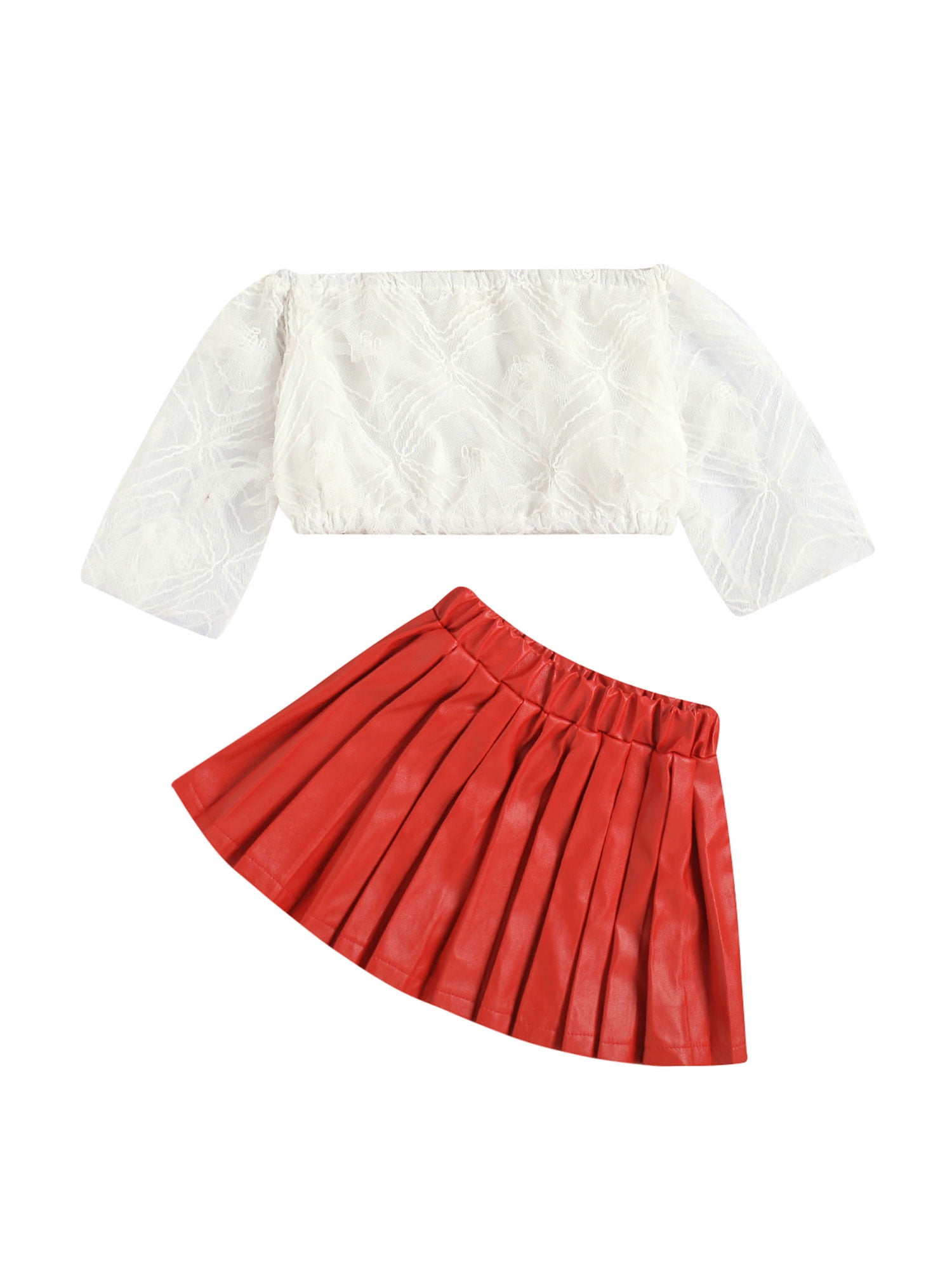 Canrulo Toddler Baby Girl Skirt Set Long Sleeve Lace Off Shoulder Shirts Crop Tops Pleated Tutu