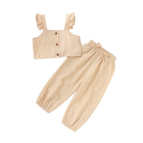 Canrulo Toddler Baby Girl Solid Color Ruffle Sleeveless Button Down Halter Tank Crop Tops and Pants Outfits Beige 3-4 Years