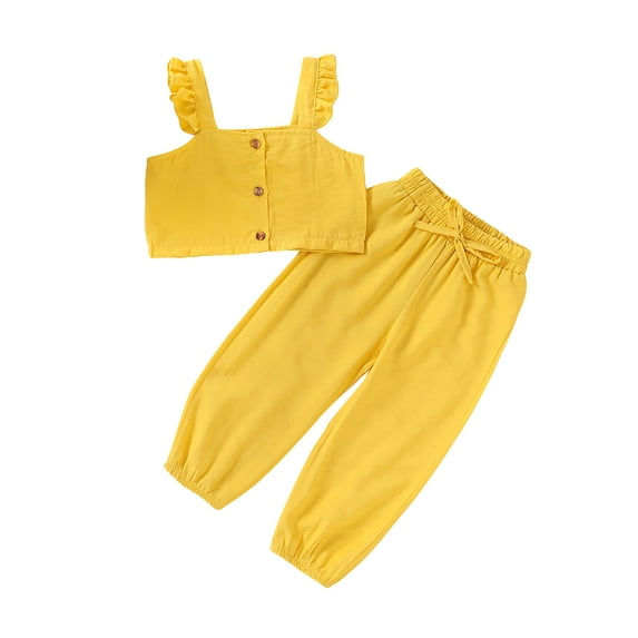 Canrulo Toddler Baby Girl Solid Color Ruffle Sleeveless Button Down Halter Tank Crop Tops and Pants Outfits Yellow 2-3 Years