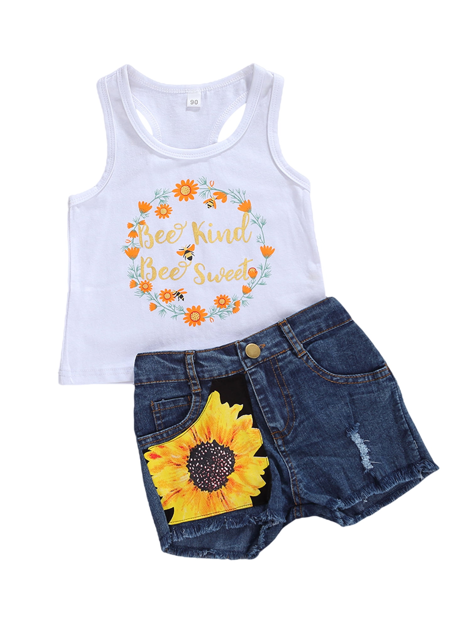 Canrulo Toddler Baby Girl Summer Clothes Floral Sleeveless T-Shirt Tank  Tops +Denim Shorts 2Pcs Sunflower Outfits White 5-6 Years 