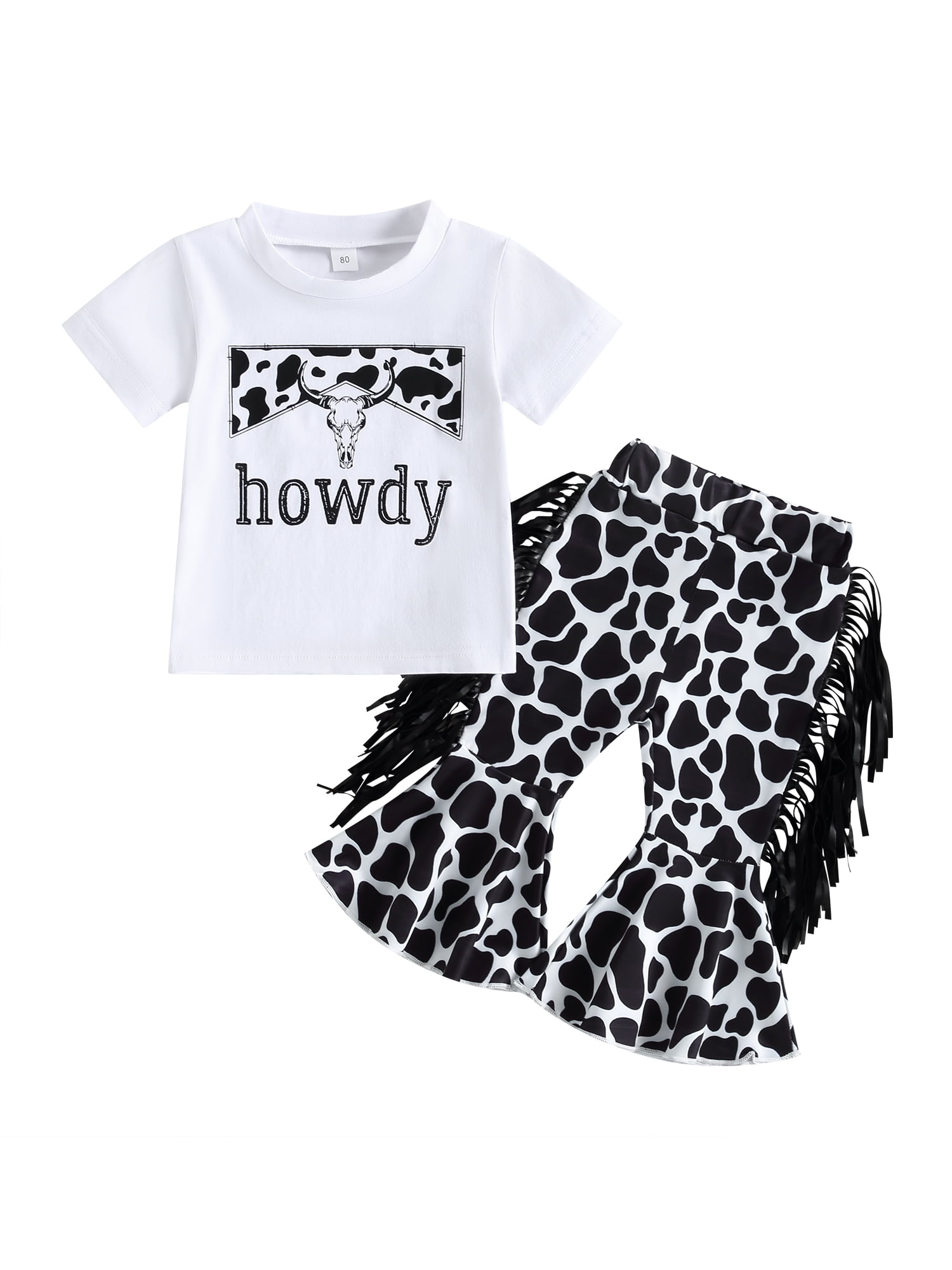 Canrulo Toddler Baby Girl Western Clothes Kids Short Sleeve Cow Print T