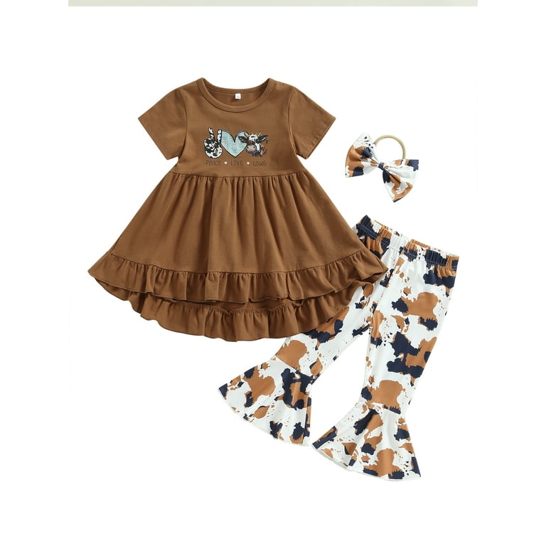 Canrulo Toddler Baby Girl Western Clothes Short Sleeve Cow Print T Shirts Tops High Waist Flared Pants 2Pcs Outfits Brown 2 3 Years