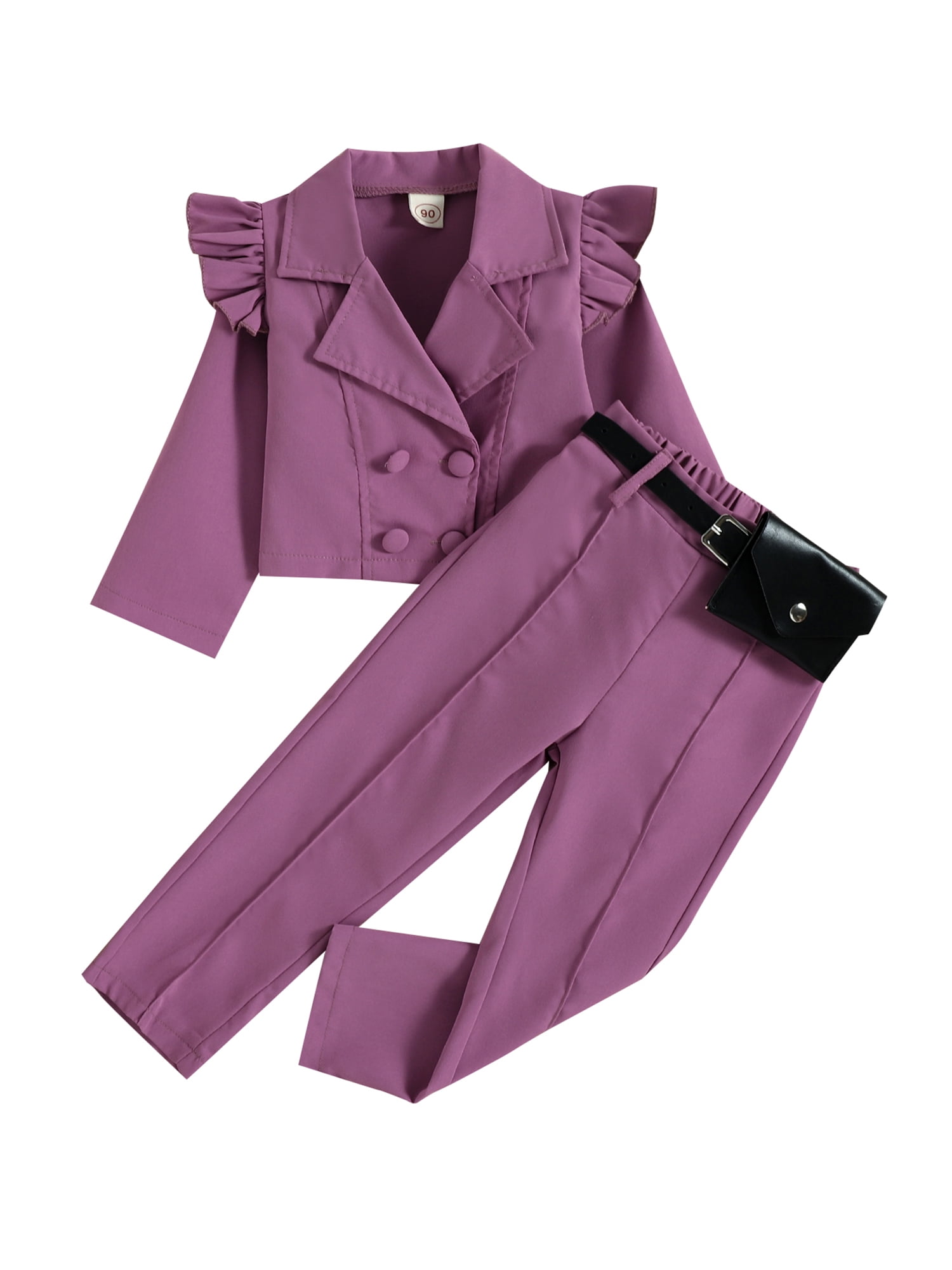 Canrulo Toddler Baby Girls Blazer Casual Suit Long Sleeve Ruffle Button  Jacket Blazer Tops High Waist Pants with Belt Bag Set Pink 5-6 Years 