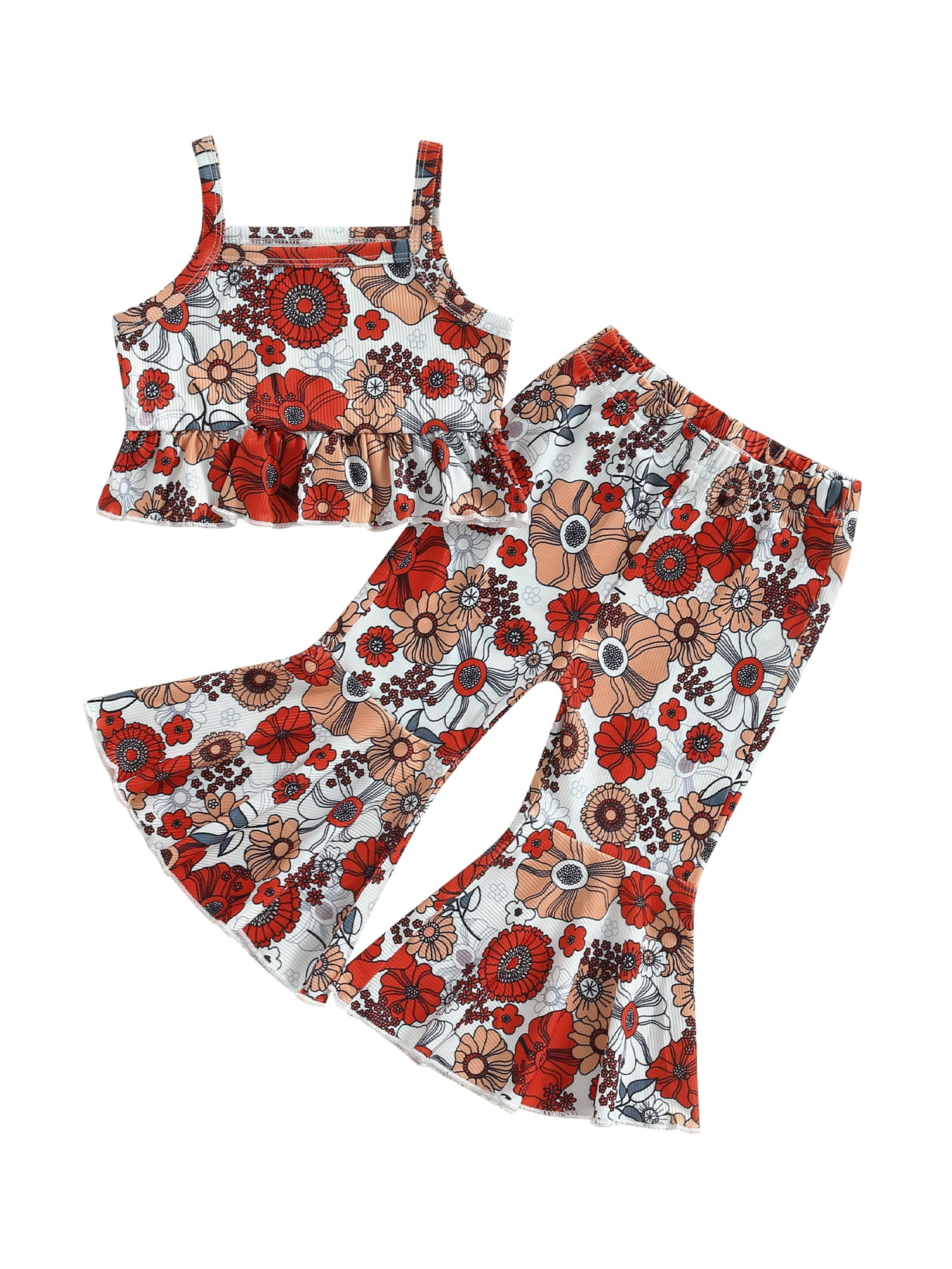 Canrulo Toddler Baby Girls Clothes 12 18 Months 2T 3T 4T 5T Ruffle Sling Crop Top+Floral Flare