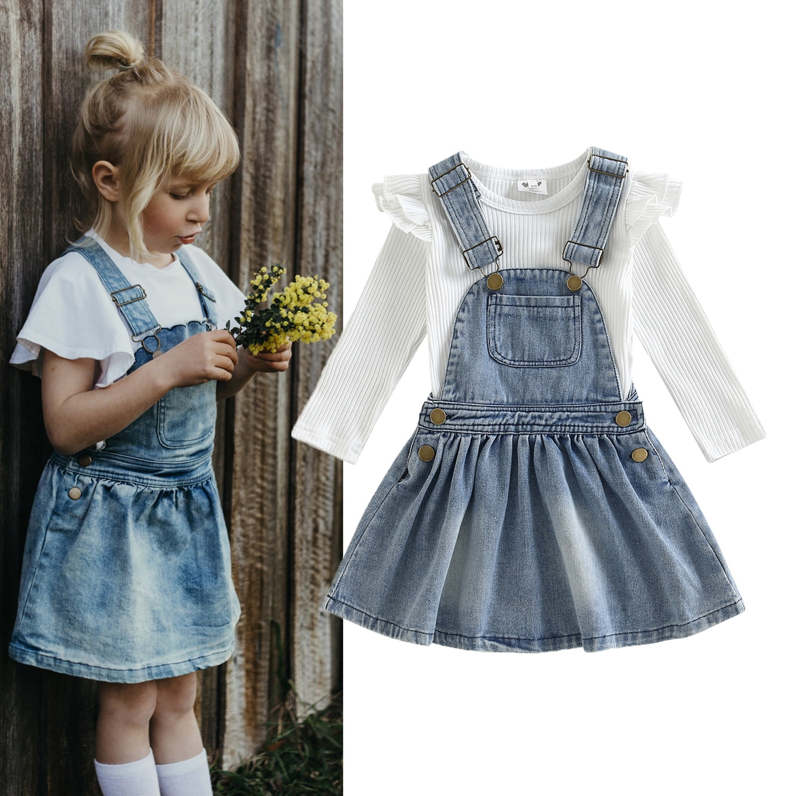 2-piece Toddler Girl Ruffled Long-sleeve White Ribbed Top and Floral Embroidered Suspender Skirt Set