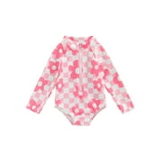Canrulo Toddler Baby Girls One Piece Swimsuit Long Sleeve Zipper Swimwear Floral Rash Guard Bathing Suit Beachwear Pink 12-18 Months