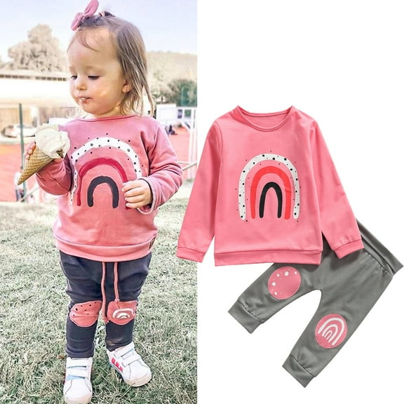 Canrulo Toddler Infant Baby Girl Clothes Rainbow Long Sleeve Sweatshirts Tops Pants Outfits Fall Winter Clothing Pink 12-18 Months