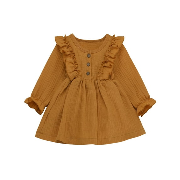 Canrulo Toddler Kids Baby Girls Solid Clothes Long Sleeve Dress Cotton Linen Dresses Yellow 4-5 Years