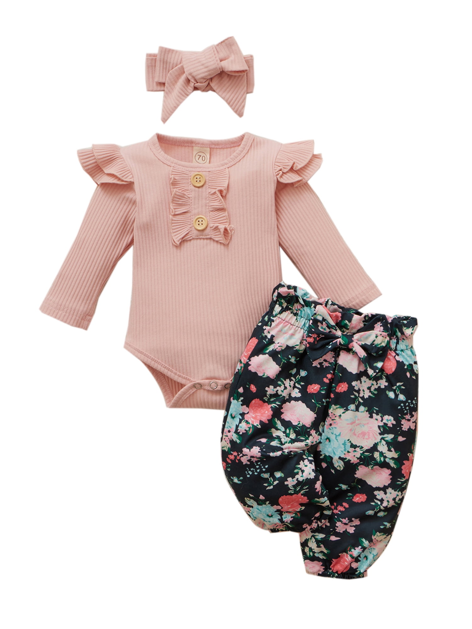 Canrulo Toddler Long Sleeves Romper Floral Pants Headband Outfits Set ...