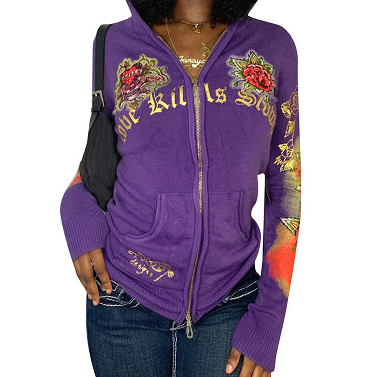 Canrulo Vintage Graphic Printed Hooded for Women Aesthetic Long Sleeve  Zipper Jacket Punk Grunge Hoodies Streetwear Purple XL