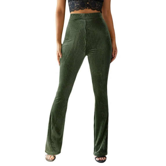 Canrulo Women Elastic High Waisted Flare Bell Bottoms Pants Slim Velvet Ribbed Rib Knit Yoga Bootcut Leggings Dark Green M