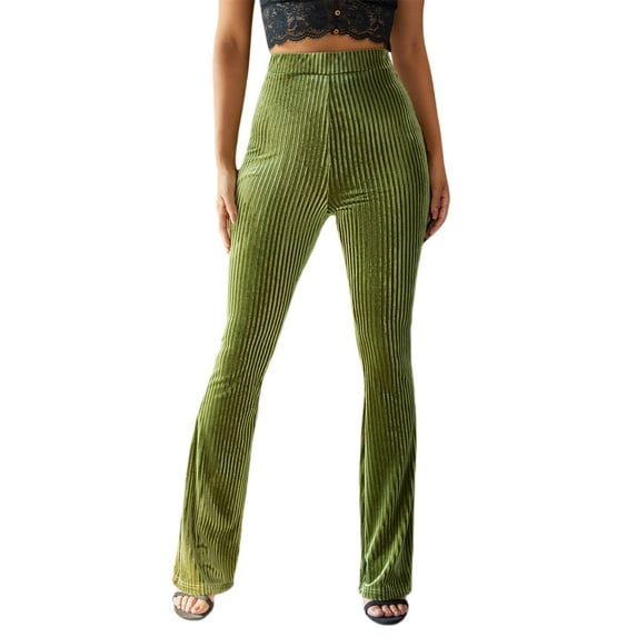 Canrulo Women Elastic High Waisted Flare Bell Bottoms Pants Slim Velvet Ribbed Rib Knit Yoga Bootcut Leggings Green S