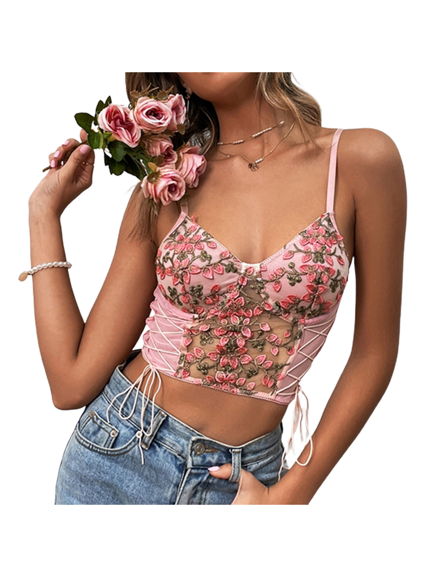 Canrulo Women Lace Corset Crop Top Push Up Bustier Floral Top Cami