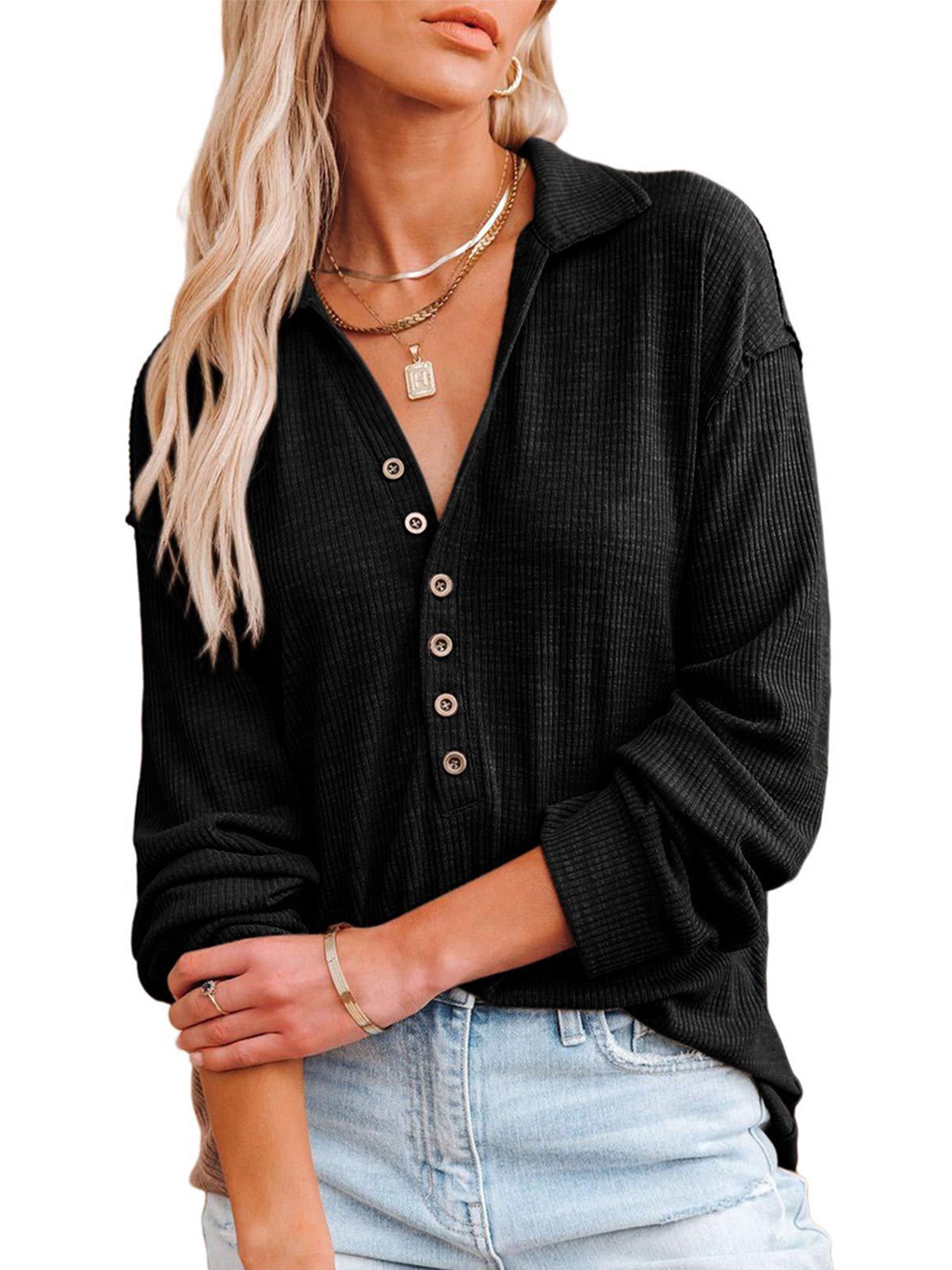 AUZLA Women's Fall Long Sleeve Tunic Top - Button Down Collar, V-Neck, Loose Fit Blouse, Polyester Rayon - View #7