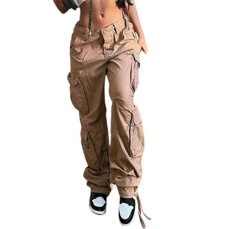 Canrulo Women Low Waisted Wide Leg Cargo Jeans Aesthetic Vintage Baggy  Pockets Pants Casual Trousers E-Girl Streetwear Khaki S 