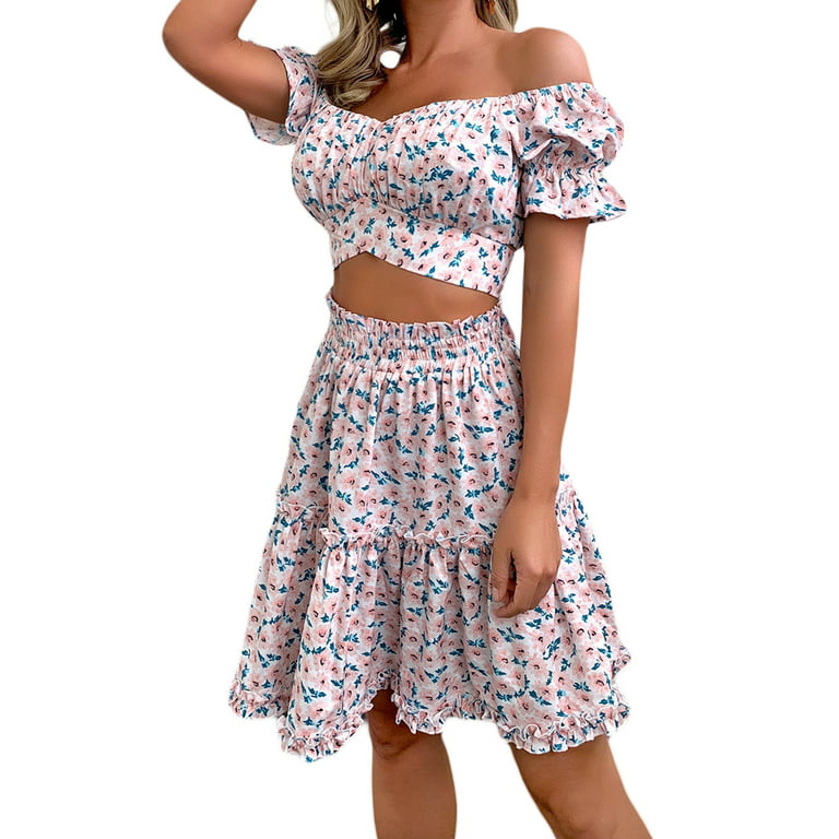 Women's Two Piece Crop Top and Ruffled Mini Skirt Set / Pink