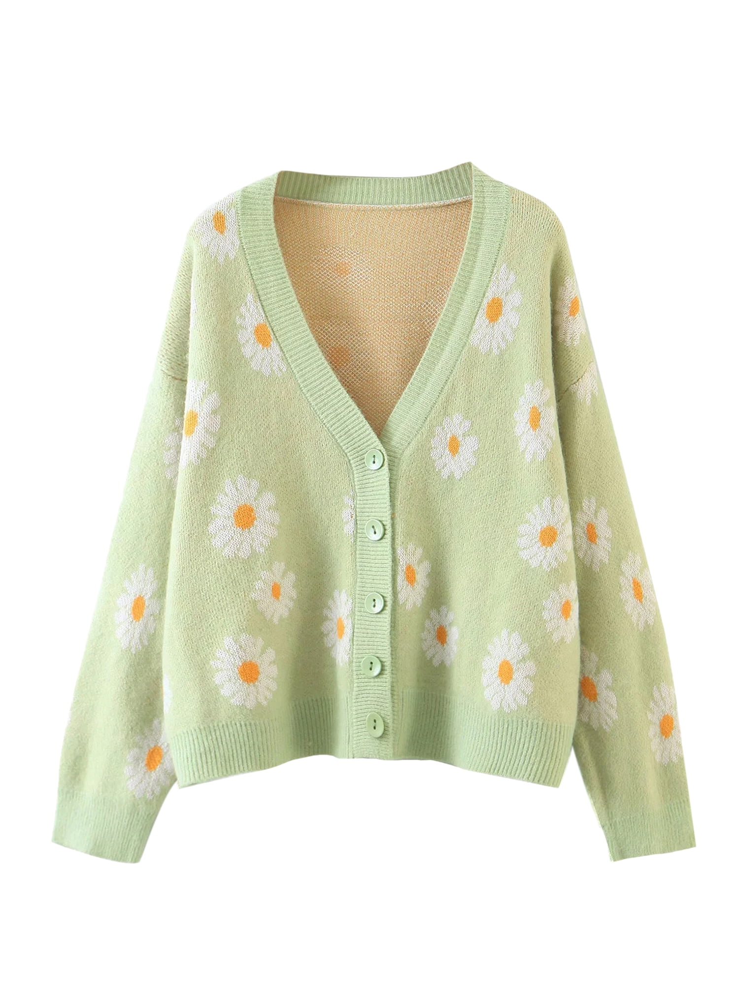 Canrulo Women Y2K Knit Cardigan V Neck Crop Casual Sweater Button Floral  Knitwear Coat Light Green One Size - Walmart.com