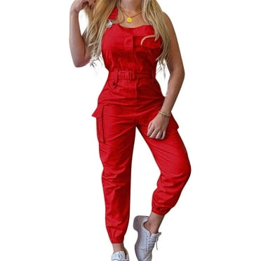 Canrulo Women's Bib Pants Overalls Sleeveless Adjustable Straps Cargo Jumpsuit Beam Foot Romper Trousers with Belt Red XXL