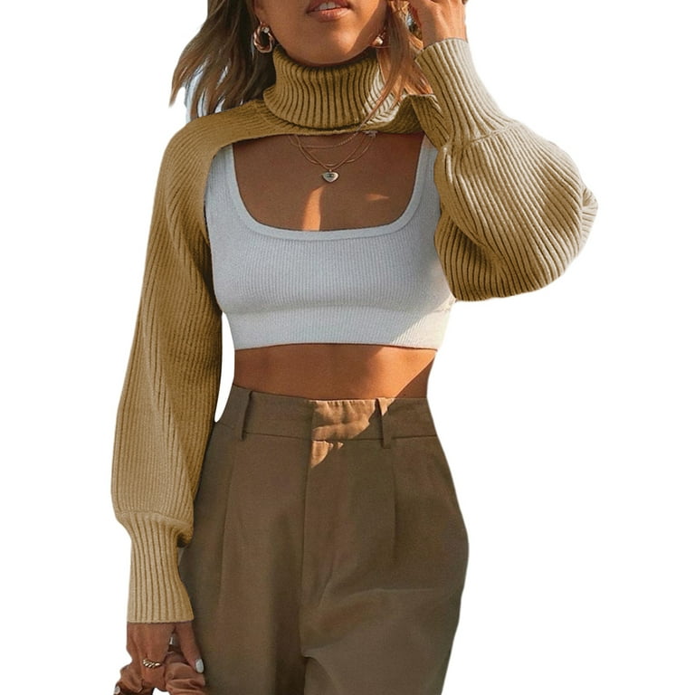 Canrulo Women s High Collar Knitwear Ultra Short Cropped Sweater Sweatshirt Camel One Size Walmart