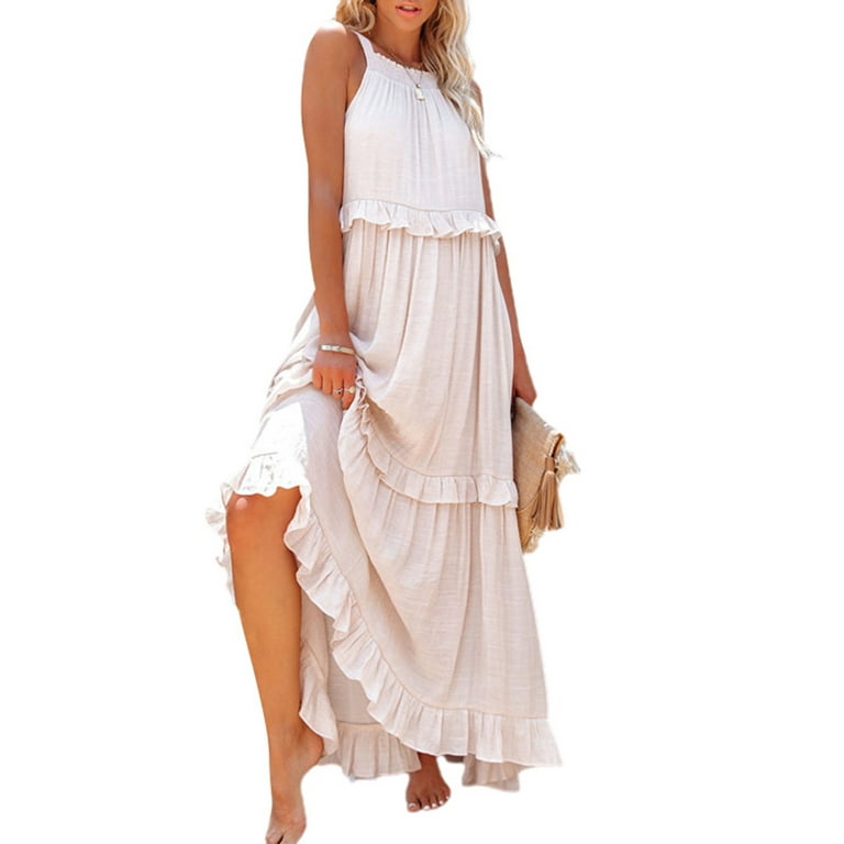 Canrulo Women's Summer Boho Tie Halter Neck Cotton Dress Ruffle A Line  Beach Long Maxi Swing Dress Sundress White M 