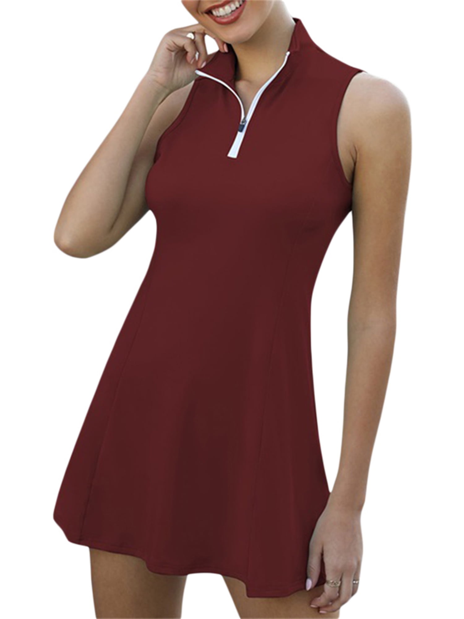 Canrulo Women's Tennis Golf Dress Sleeveless Athletics DressesExercise  Workout Zipper Stand Collar Dress with Zip Burgundy M - Walmart Business  Supplies