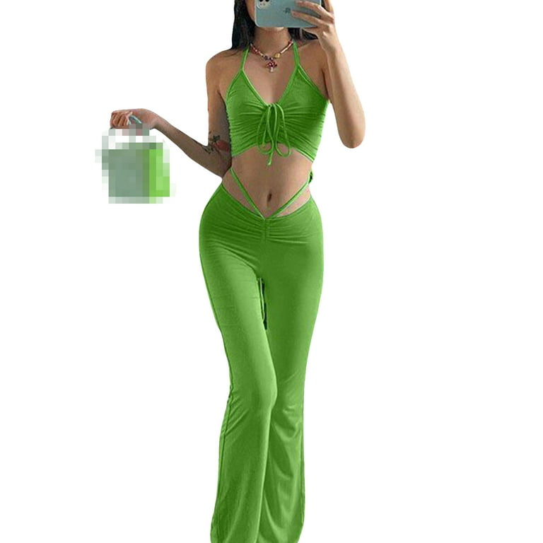 Canrulo Womens 2 Piece Outfits Halter Neck Bandage Crop Tops and Drawstring  Flare Pants Summer Clubwear Set Green M