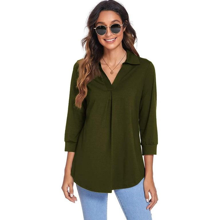 Canrulo Womens 3/4 Sleeve T-Shirt Summer Tunic Tops V Neck Solid Color  Casual Loose Blouses Shirts Green XL