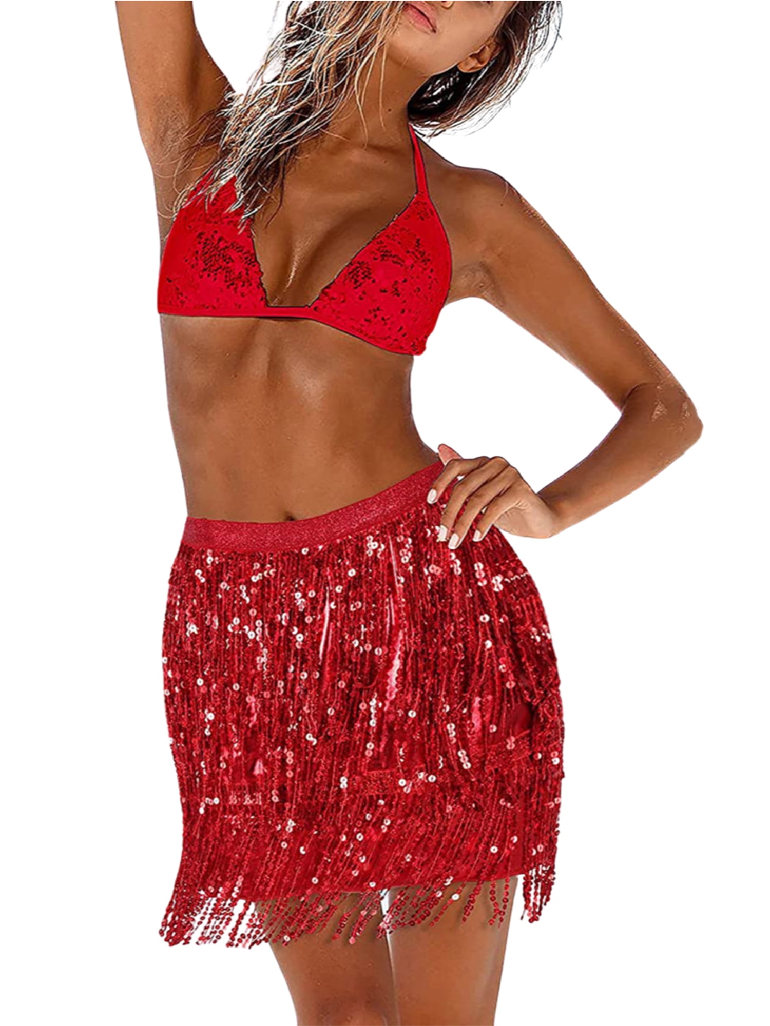 Canrulo Womens Belly Dance Hip Skirt Sequin Tassel Fringe Skirts Scarf Belt  Dance Rave Party Clubwear Outfits Red L 