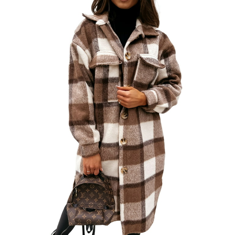 Canrulo Womens Casual Plaid Shacket Jacket Coat Winter Loose Oversize  Shirts Coffee S 