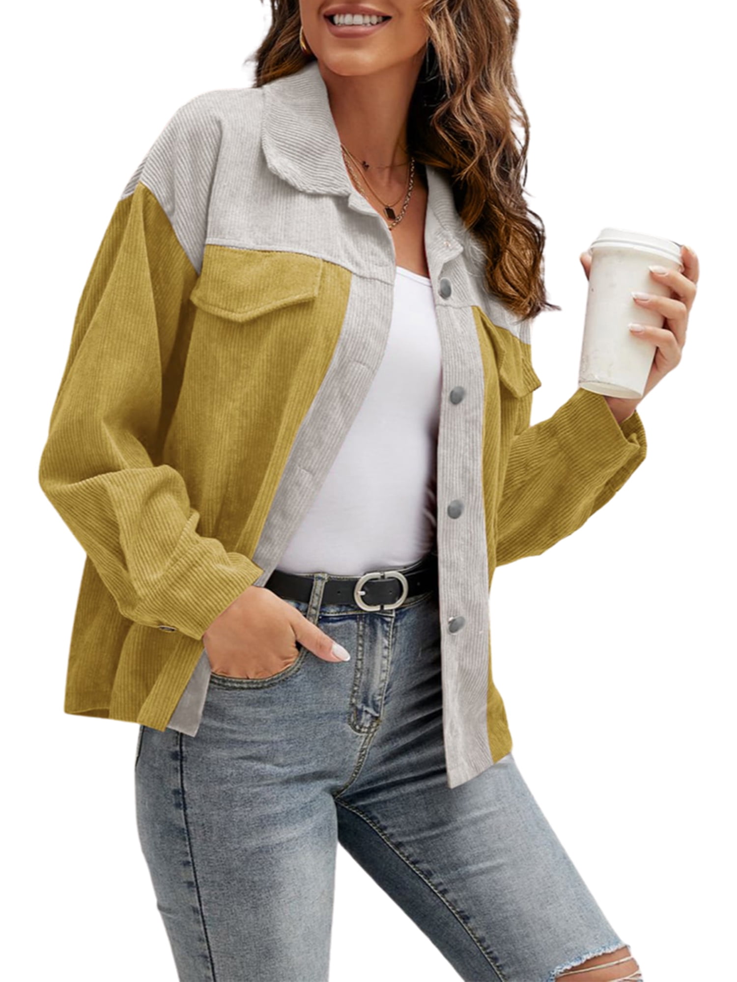 Canrulo Womens Corduroy Shirt Fleece Jacket Long Sleeve Button Down Collar  Coat Oversized Tops Shacket outwear with Flap Pocket 