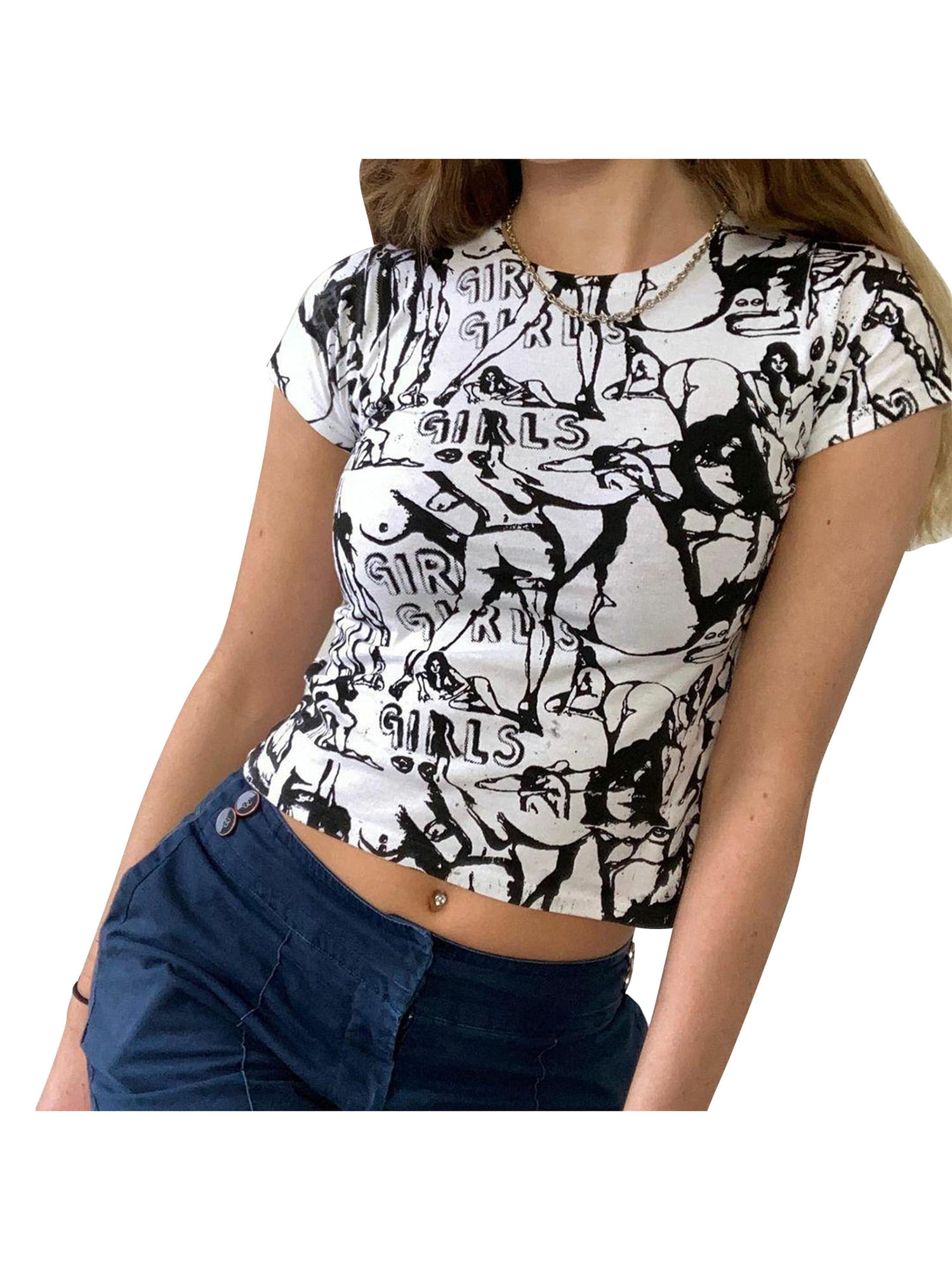 Canrulo Womens Face Portrait Crop Tops Aesthetic T-Shirts 90s Vintage  Graphic Print Short Sleeve E-Girls Harajuku Streetwear White Black S 