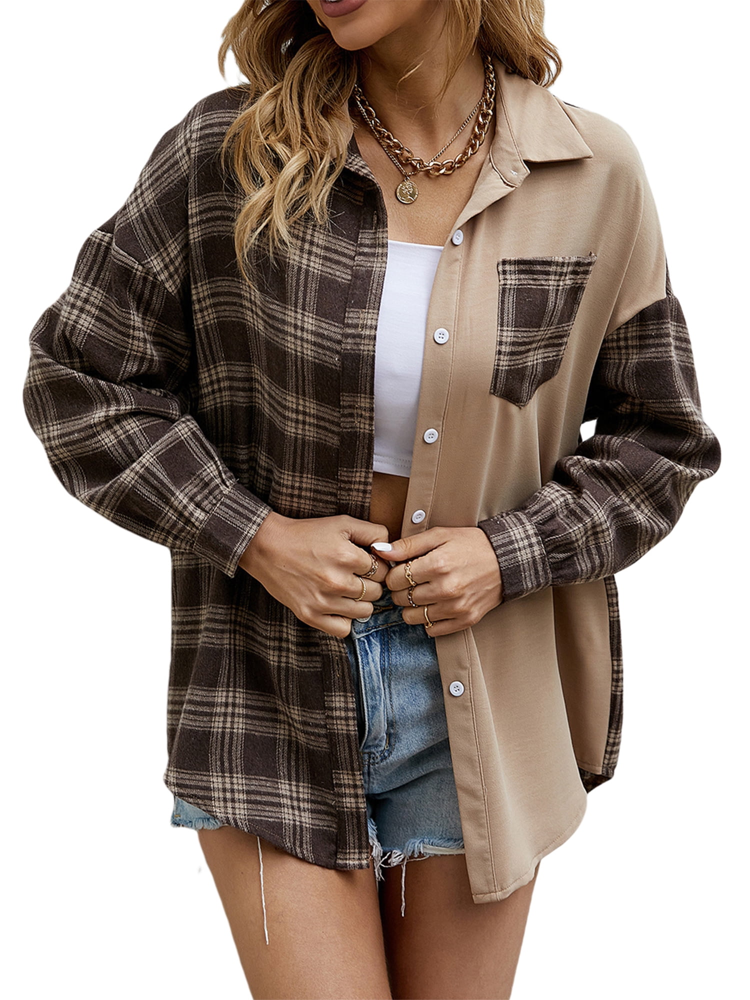 Canrulo Womens Flannel Plaid Shirts Oversized Button Down Lapel Collar Long  Sleeve Shirts Blouse Tops Khaki L 