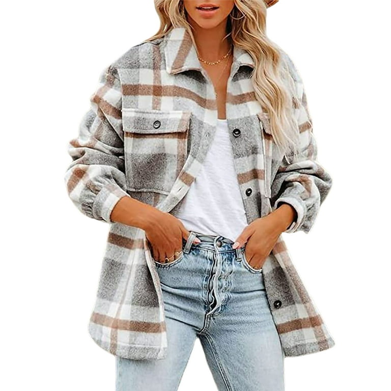 Canrulo Womens Flannel Plaids Shirts Boyfriend Long Sleeve Oversized  Blouses Tops Casual Button Down Shacket Shirt Coat White Grey L 