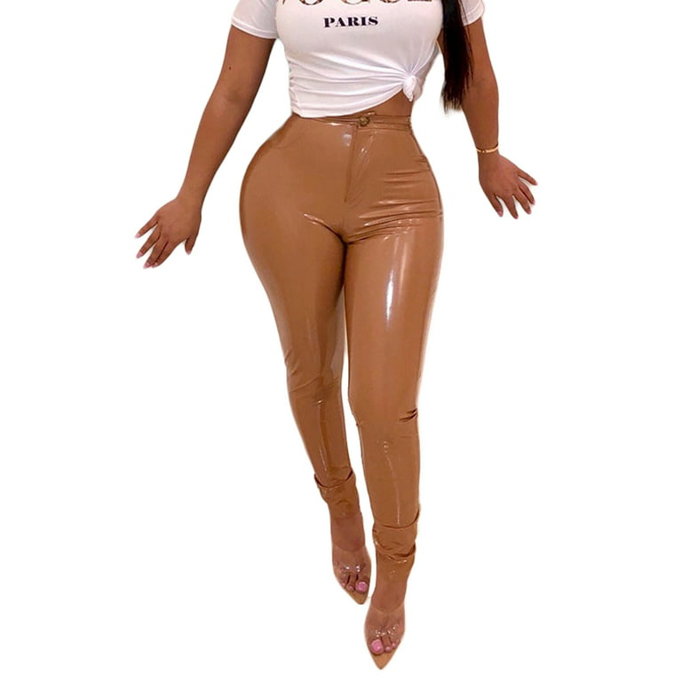 Canrulo Womens High Waist Faux Leather PU Leggings Casual Butt Lift  Stretchy Pants Skinny Tights Y2k Clubwear Trousers Apricot XL 