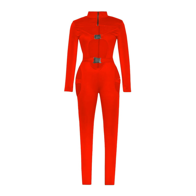 Canrulo Womens Hollow Out Bodycon Buckle Jumpsuit High Neck Long Sleeves  Biker Club Bodysuits Romper Red M