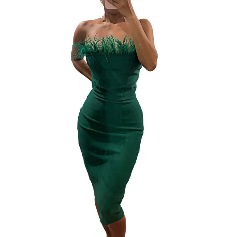 Canrulo Womens Spaghetti Straps Bodycon Cocktail Mini Dress Sleeveless  Backless Feather Trim Sling Dress Green S 