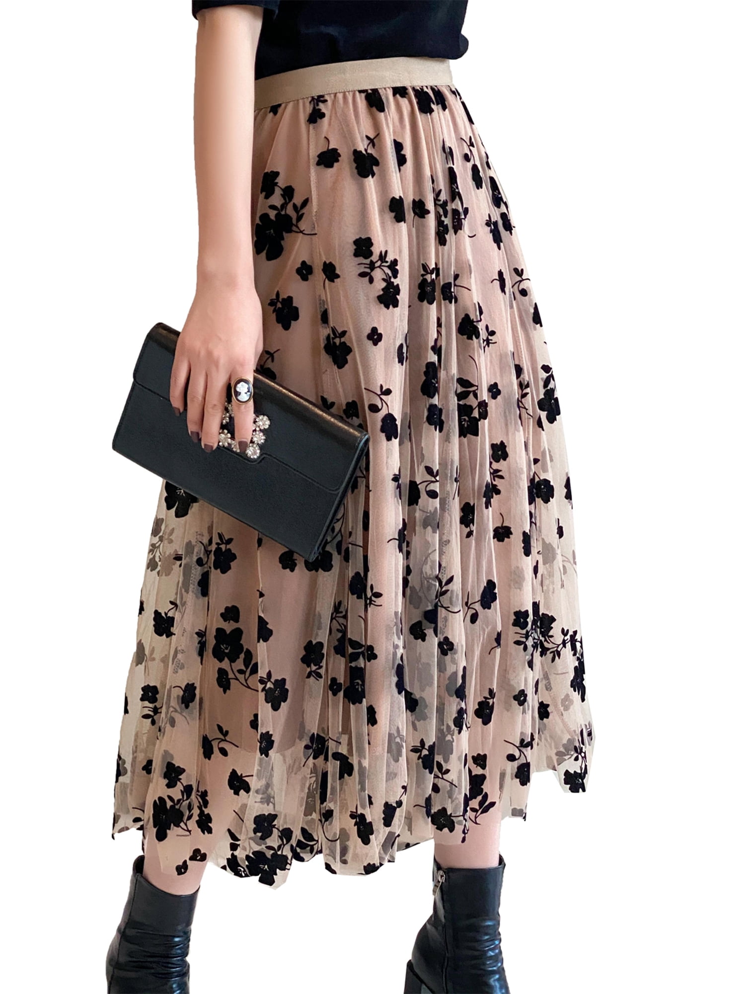 Canrulo Womens Tulle Skirts High Waist Layered Floral A-Line Maxi Hem Mesh  Midi Skirt Khaki XL 