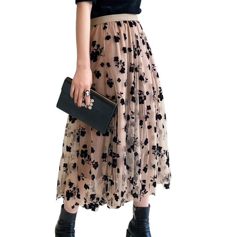 Canrulo Womens Tulle Skirts High Waist Layered Floral A-Line Maxi Hem Mesh  Midi Skirt Khaki XL 