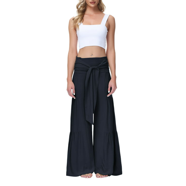 Canrulo Womens Wide Leg Palazzo Pants Loose Ruched High Waist Bandage  Elastic Waist Casual Trousers Dark Blue XL