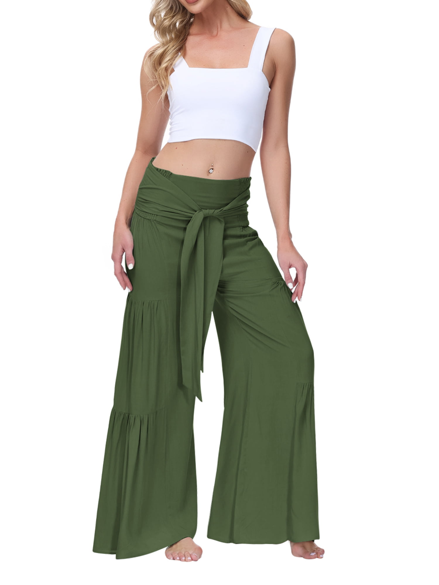 Canrulo Womens Wide Leg Palazzo Pants Loose Ruched High Waist Bandage  Elastic Waist Casual Trousers Dark Green L 