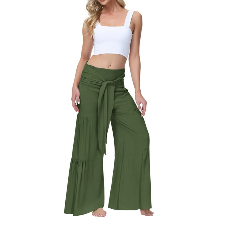 Canrulo Womens Wide Leg Palazzo Pants Loose Ruched High Waist Bandage  Elastic Waist Casual Trousers Dark Green L