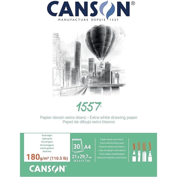 Canson 1557 180gsm A4 White Drawing Paper Pad, Light Grain, Glued Short Side, 30 Extra White Sheets, Ideal for Professional Artists & Students