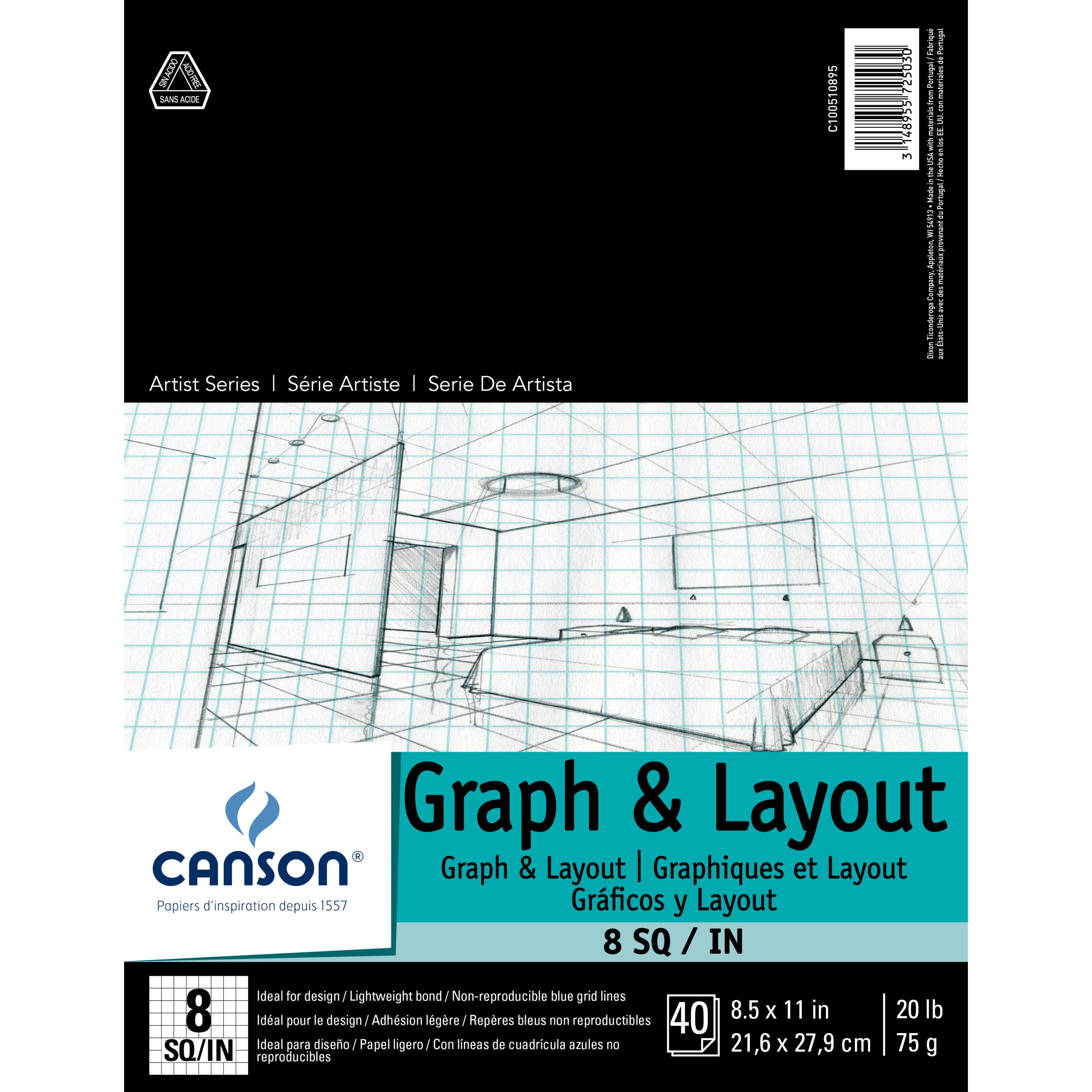 Canson Artist Series Graph & Layout Paper Pad, 40 Sheets, 8" x 8" Grid, 8.5" x 11"