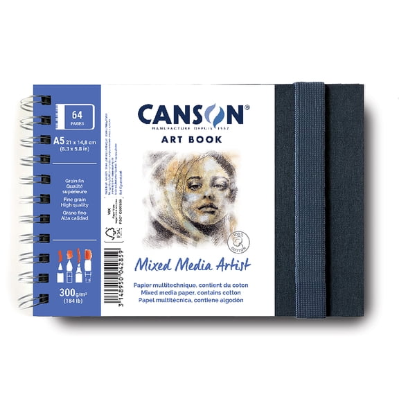 Canson Artist Series Mixed Media Art Book, Fabric Cover, Side Wire Binding, 56 Sheet, 8.3x5.8 inch